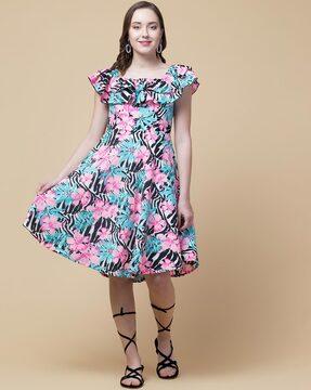 floral print a-line dress with ruffles