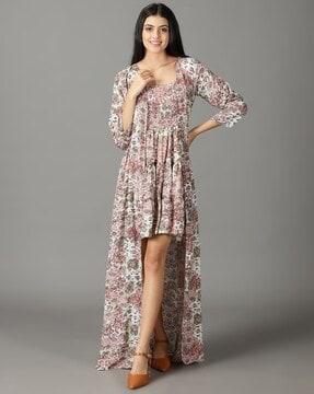 floral print a-line dress with shrug