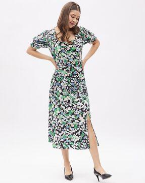 floral print a-line dress with side slit