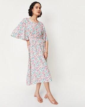 floral print a-line dress with smocked detail