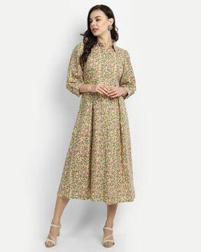 floral print a-line dress with spread collar