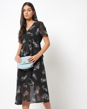 floral print a-line dress with surplice neckline