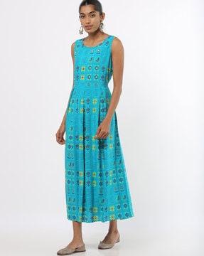 floral print a-line dress with tasseled waist tie-up
