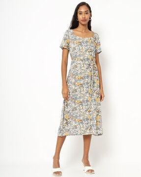 floral print a-line dress with tie-up belt