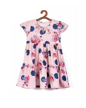 floral print a-line dress with tie-up neck