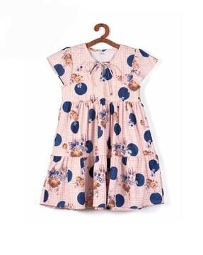 floral print a-line dress with tie-up neck