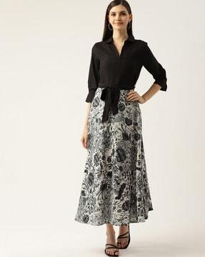 floral print a-line dress with tie-up waist