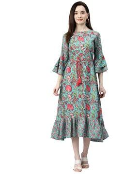 floral print a-line dress with tie up waist