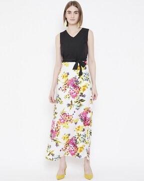 floral print a-line dress with tie-up