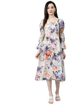floral print a-line dress with tiered sleeves