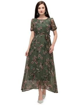 floral print a-line dress with waist belt