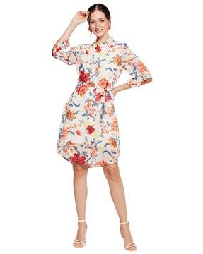 floral print a-line dress with waist belt