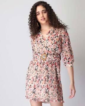 floral print a-line dress with waist tie-up