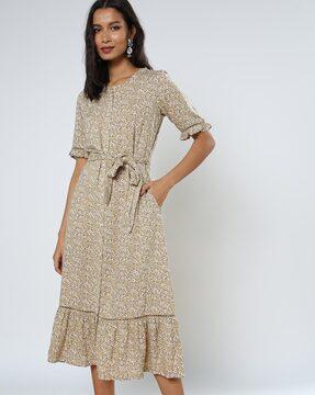 floral print a-line dress with waist tie-up