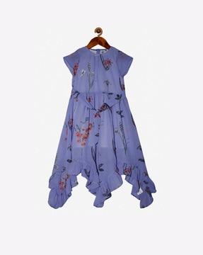 floral print a-line dress with waist tie-up