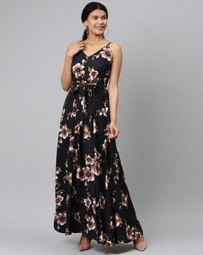 floral print a-line dress with waist tie-up