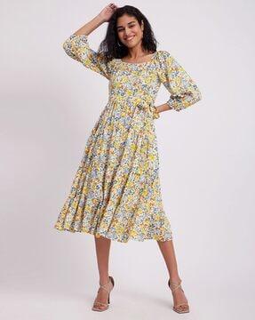 floral print a-line dress with waist tie-up