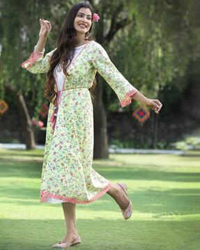 floral print a-line kurta & jacket set