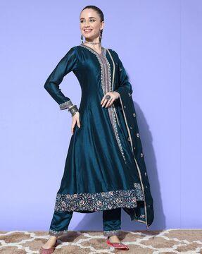 floral print a-line kurta & pants with dupatta set