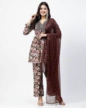 floral print a-line kurta & pants with dupatta