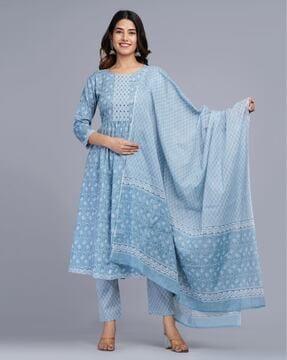 floral print a-line kurta & pants with dupatta