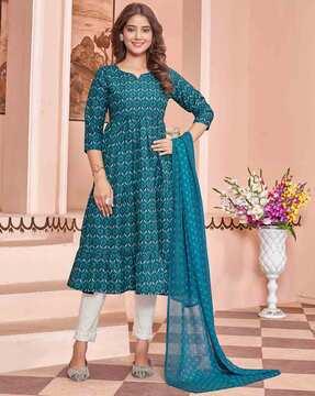 floral print a-line kurta churidar & dupatta set