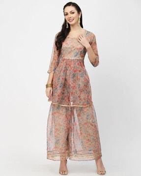 floral print a-line kurta set with dupatta