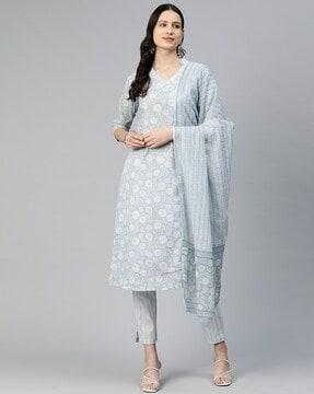 floral print a-line kurta set with dupatta