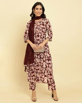 floral print a-line kurta set with dupatta