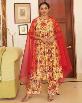 floral print a-line kurta set with dupatta