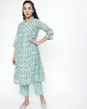 floral print a-line kurta set with mask