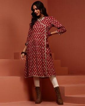 floral print a-line kurta with front tie-up