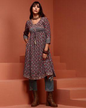 floral print a-line kurta with front tie-up