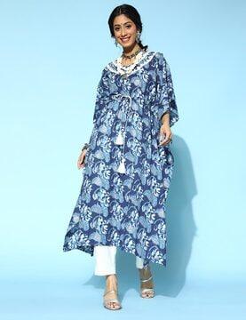 floral print a-line kurta with kaftan sleeves