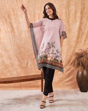 floral print a-line kurta with kaftan sleeves