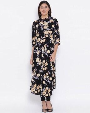 floral print a-line kurta with mandarin collar