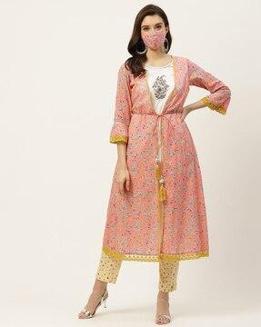 floral print a-line kurta with mask