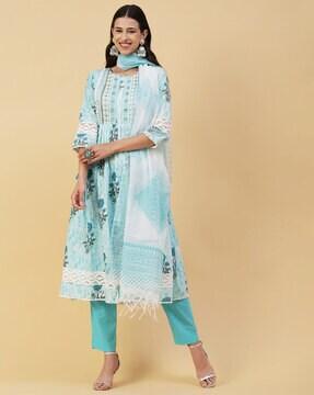 floral print a-line kurta with pants & dupatta