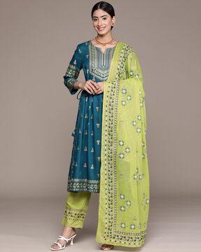 floral print a-line kurta with pants & dupatta