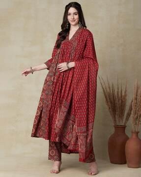 floral print a-line kurta with pants & dupatta