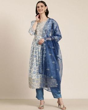 floral print a-line kurta with pants & dupatta