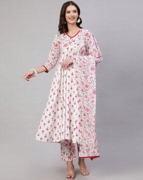 floral print a-line kurta with pants & dupatta