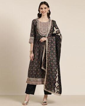 floral print a-line kurta with pants & dupatta