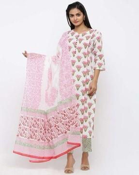 floral print a-line kurta with pants & dupatta