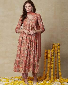 floral print a-line kurta with pants & dupatta