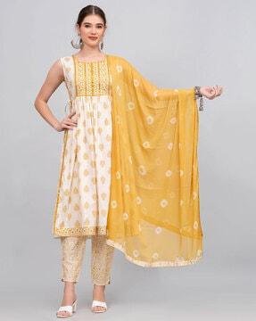 floral print a-line kurta with pants & dupatta