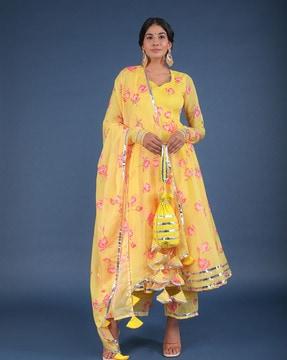 floral print a-line kurta with pants & dupatta