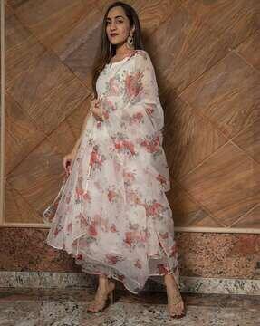 floral print a-line kurta with pants & dupatta