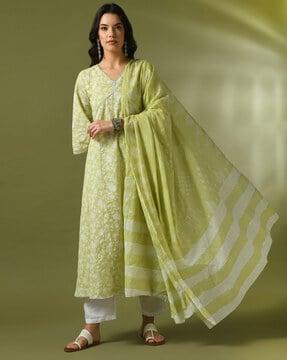 floral print a-line kurta with pants & dupatta