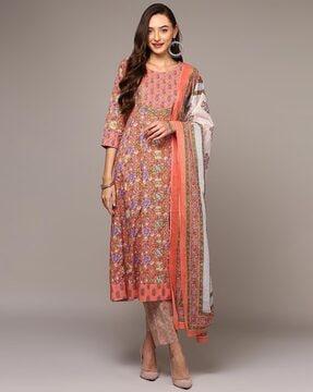 floral print a-line kurta with pants & dupatta